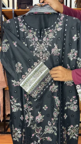 Pakistani Original Hayat’s Embroidered Stitched Cotton 3Pcs _ Black 